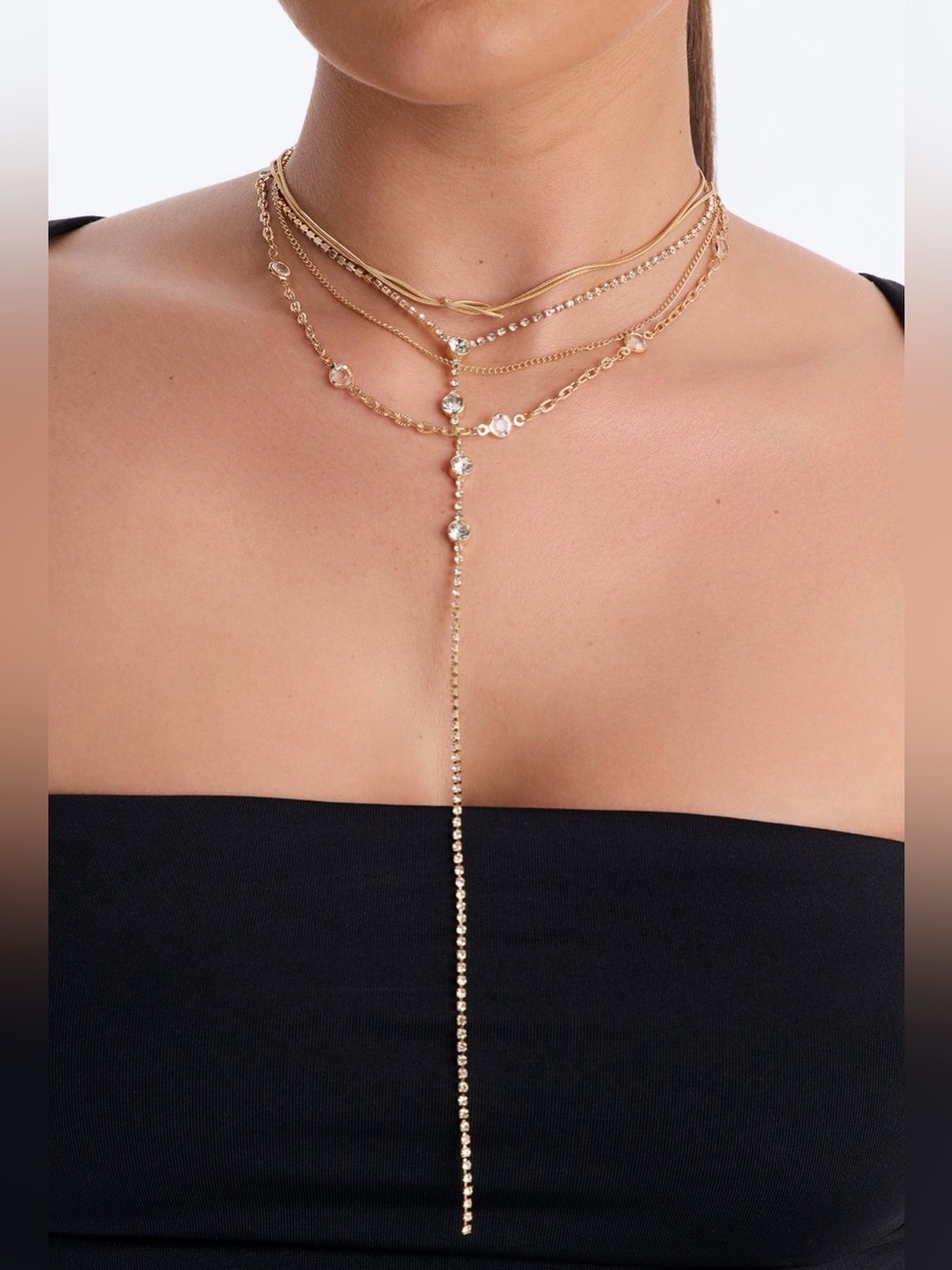 Gold Layered Y-Chain Necklace with Crystal Accents - Women Jewelry